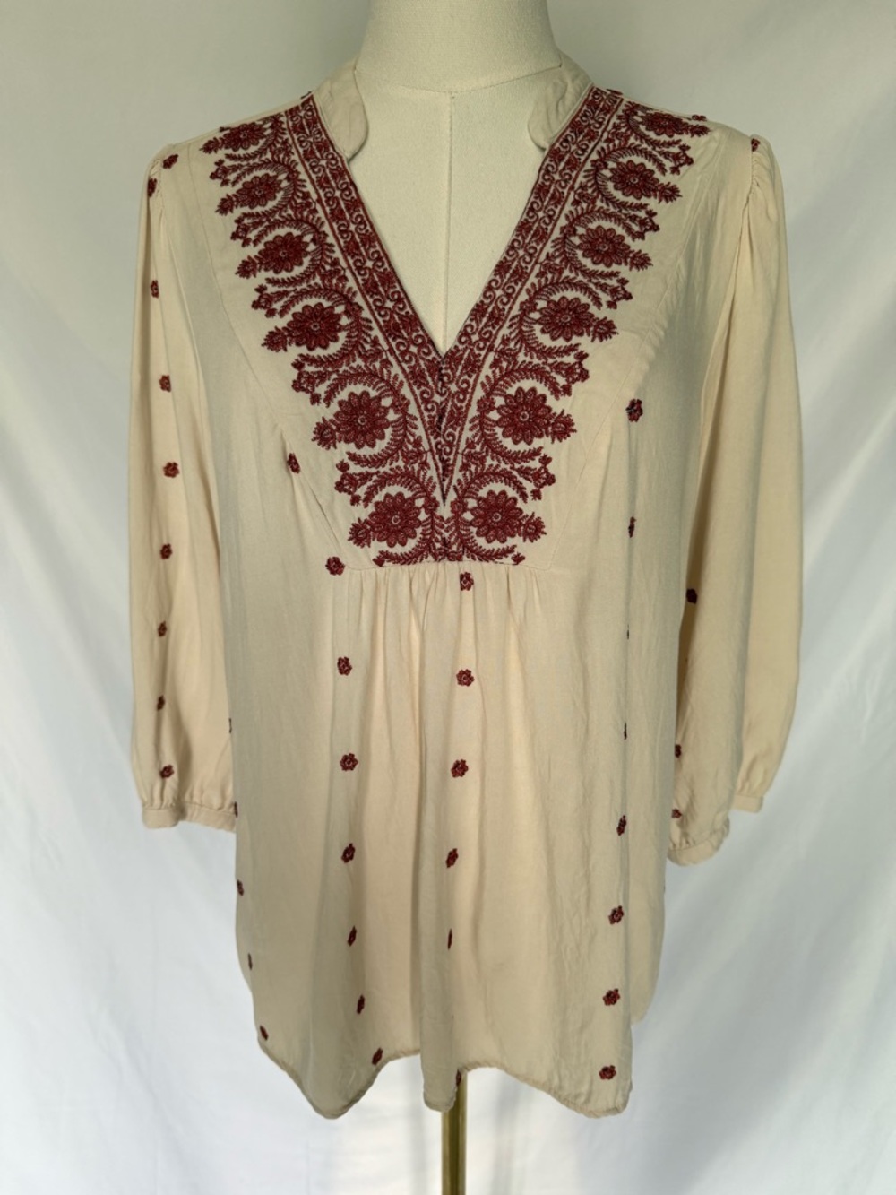 Figueroa & Flower Embroidered Boho Peasant Blouse - Cream & Burnt Orange Small